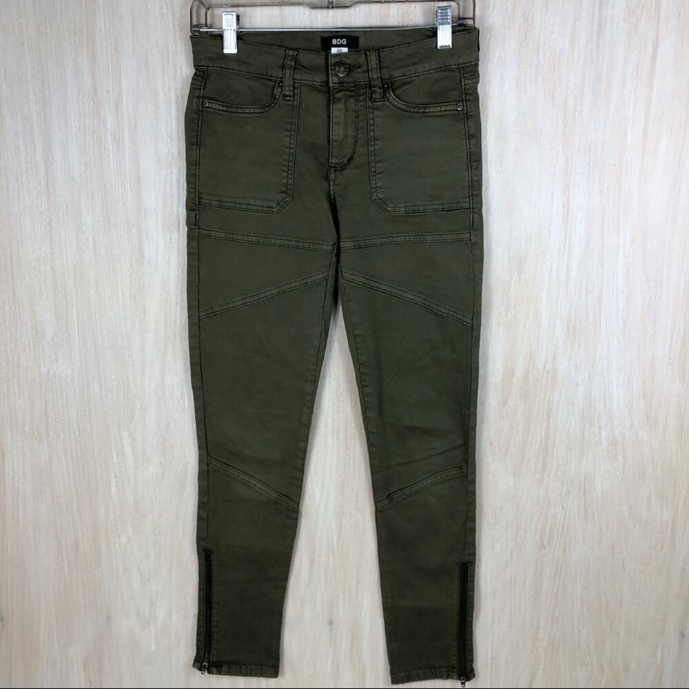 Urban Outfitters BDG Olive Green Ankle Zip Moto Skinny Stretch Mid Rise Jeans 25